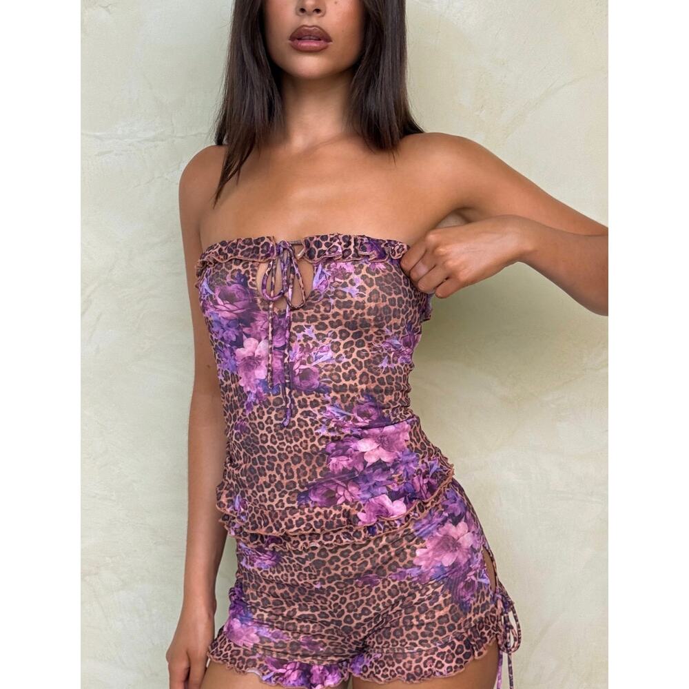 Tiger Mist Siera Top Cheetah Print Purple Floral Ruffle Trim Top